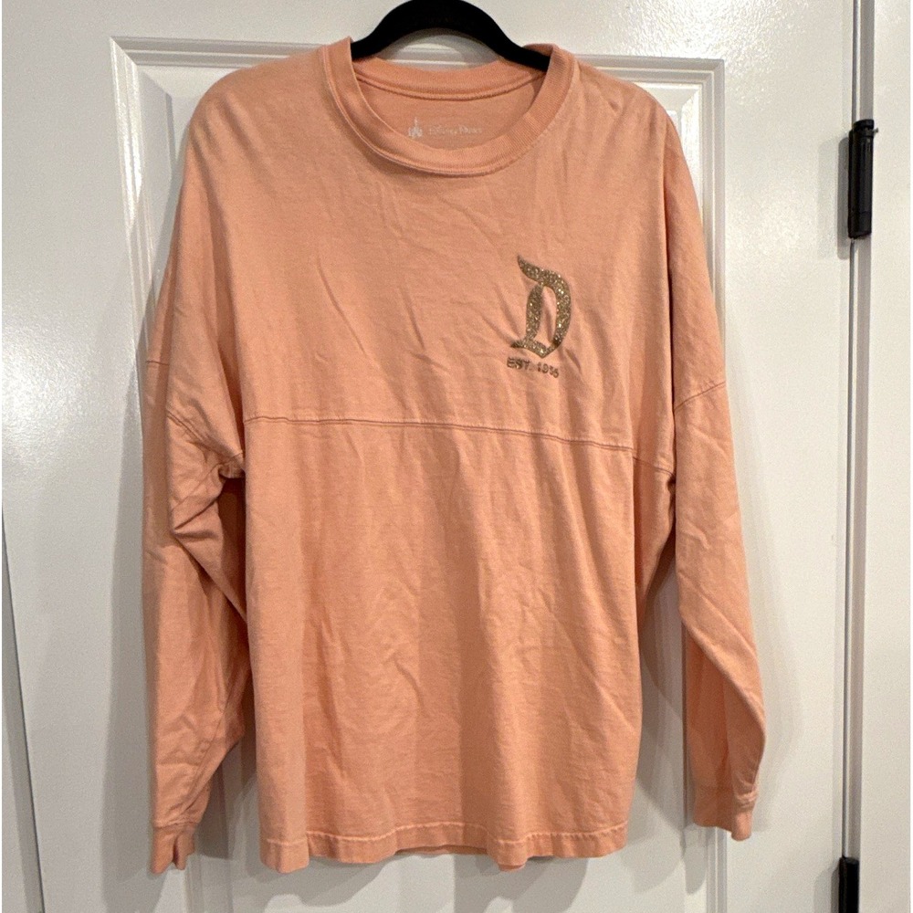 Disneyland Resort Pink Peach Long Sleeve Shirt Glitter Logo Est. 1955 MEDIUM